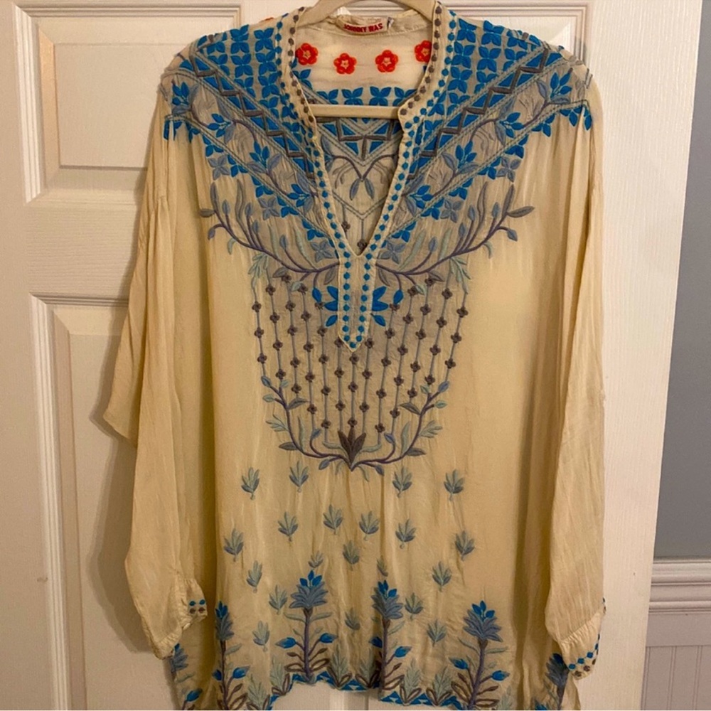 Johnny Was Turquoise and Gray Embroidered Top